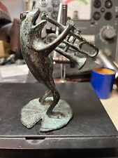 Vintage  Bronze Sculpture Jazz Musical Horn  Frog Lily Pad picture