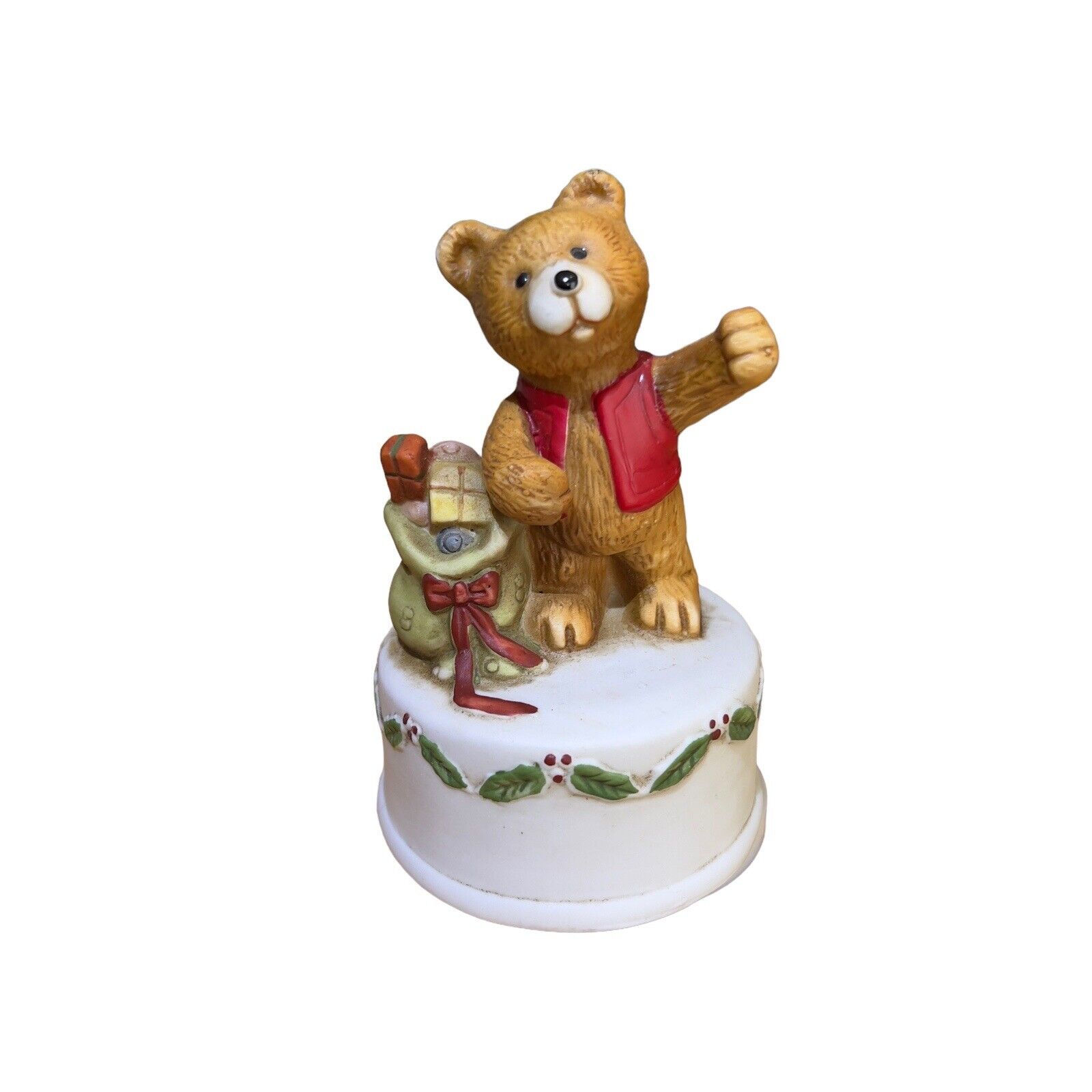 Vintage Ceramic Teddy Bear Standing With Side Bag Presents Music Box Christmas
