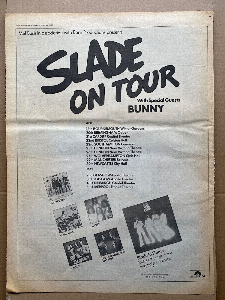 SLADE APRIL 1975 TOUR POSTER SIZED original music press advert from 1975 with to
