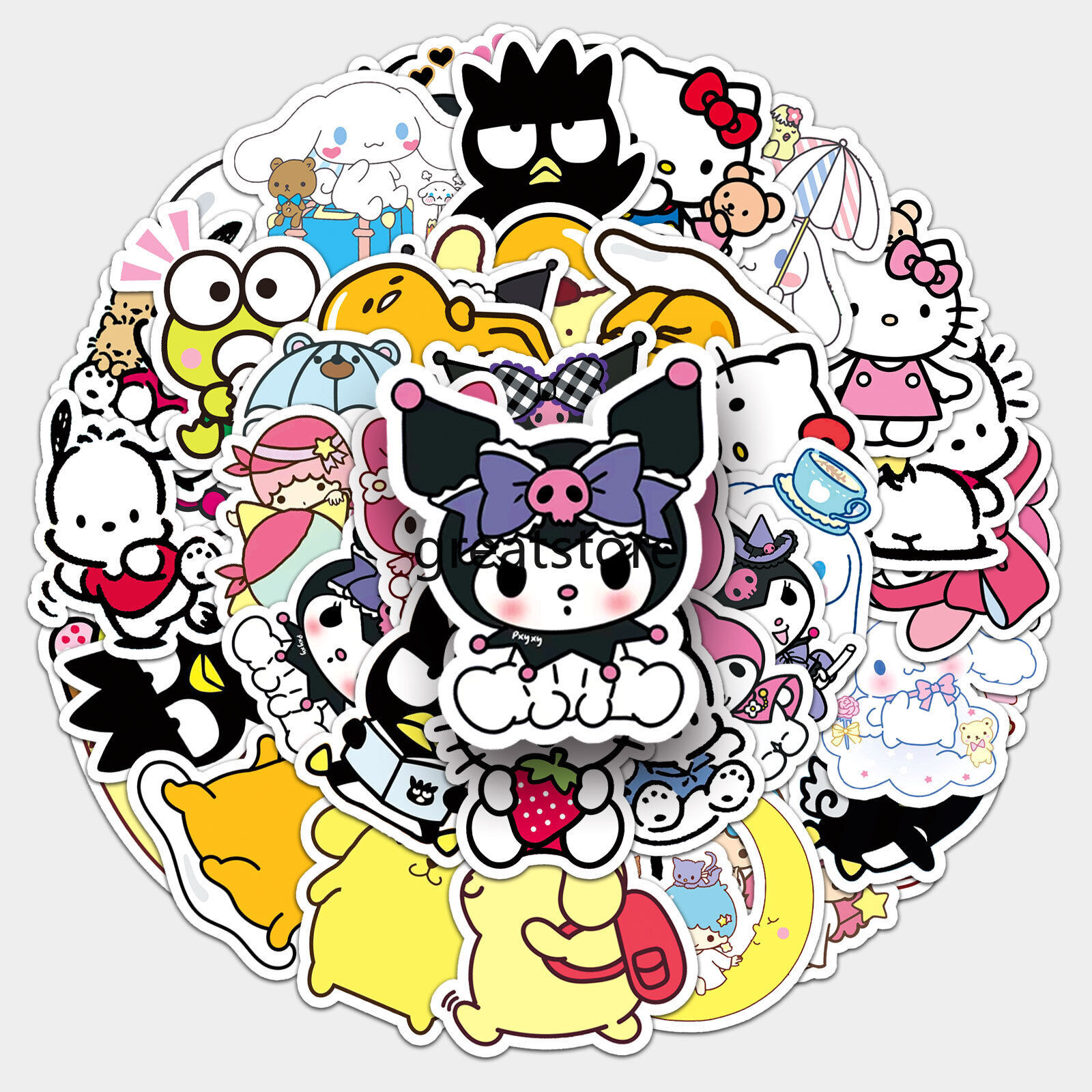 102pcs My Melody Kuromi Hello Kitty Stickers Skateboard Guitar Luggage Decal Set