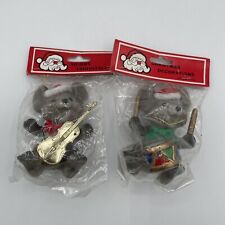 2 Vintage Christmas Flocked Mouse Drum and Guitar Holiday Ornaments NEW Unopened picture