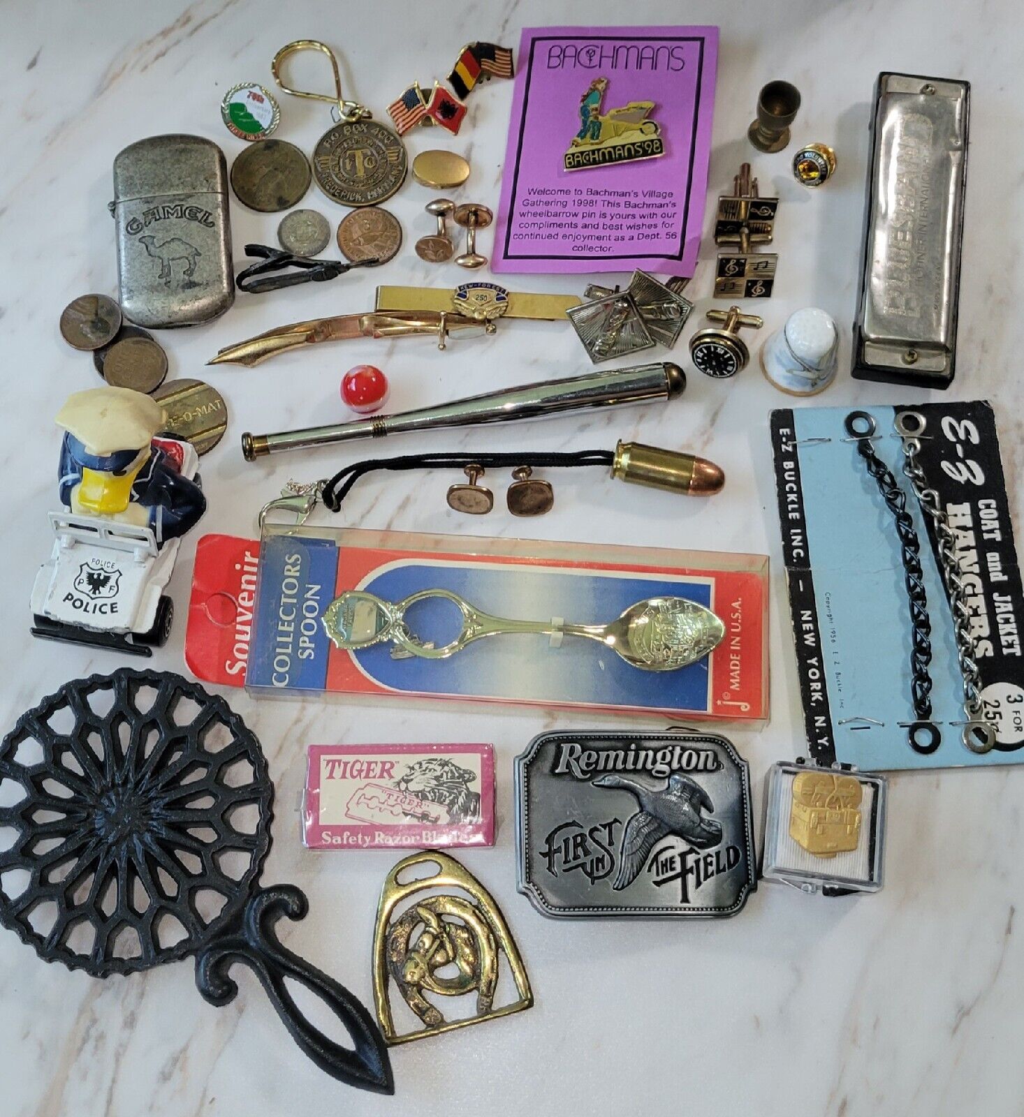 Vintage Junk Drawer Estate Grandpa Grandma Disney Lighter Harmonica Coins Lot 
