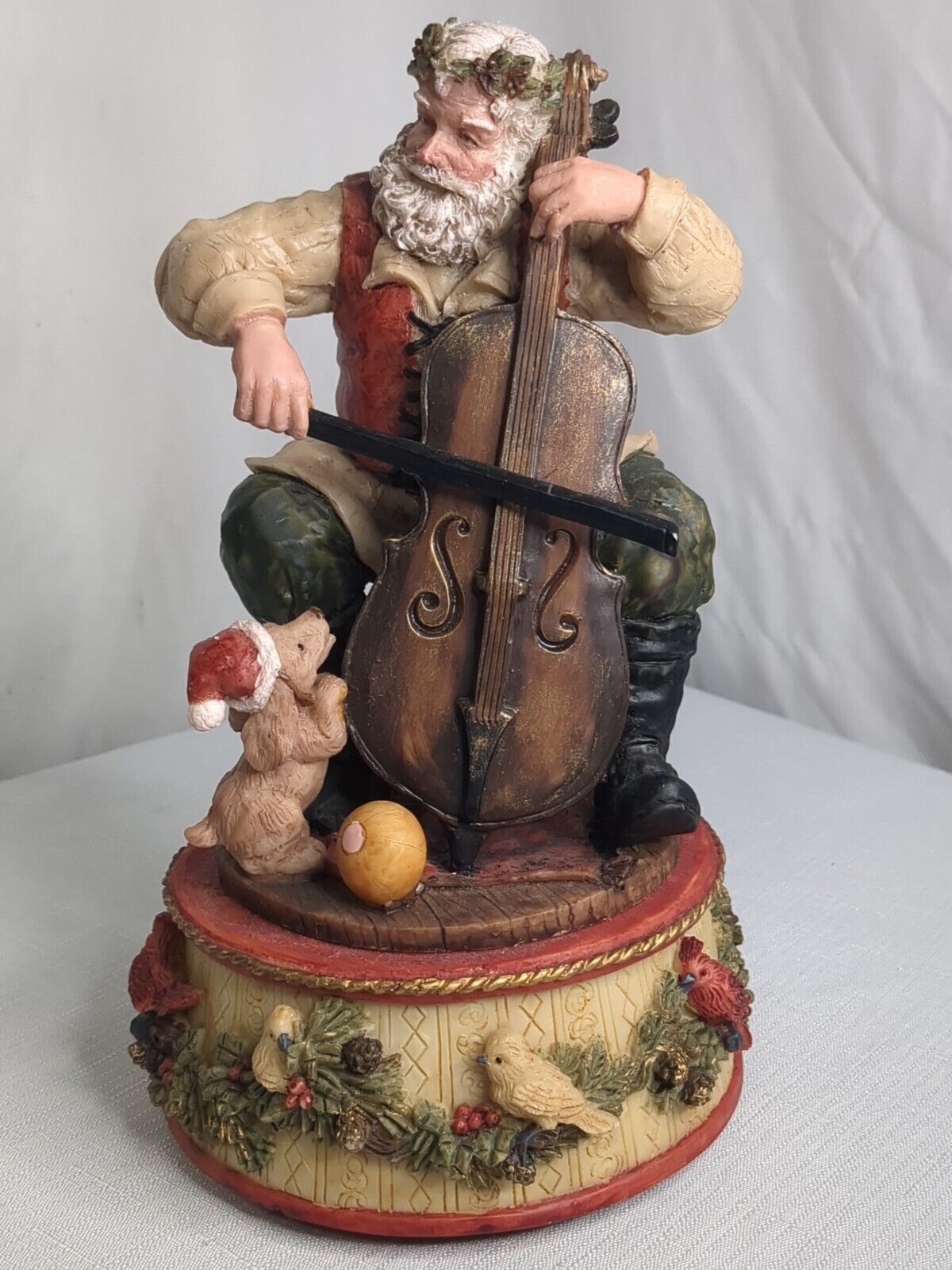Vintage 1994 St. Nicholas & Me Christmas Santa Cello Resin Music Box Working