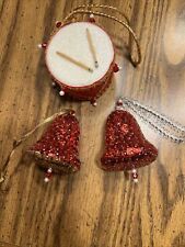 Vintage Handmade Beaded Sequin Drum & Bells Push Pin Christmas Ornaments picture