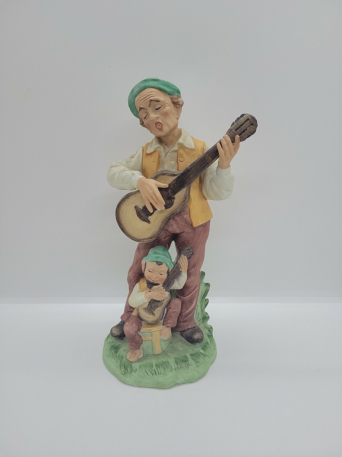 Vintage Lefton Porcelain Figurine Man Playing Guitar Singing w/Pixie/Elf/Gnome 