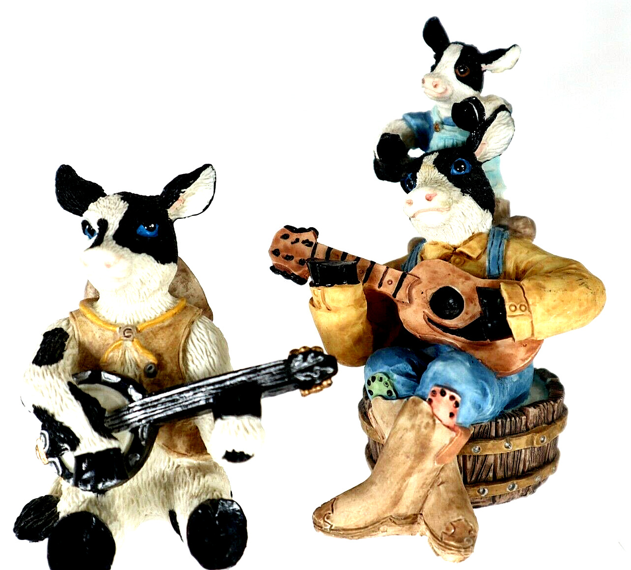 Two Young's Inc. Country Cows White Black Guitar Banjo Playing Resin Figures