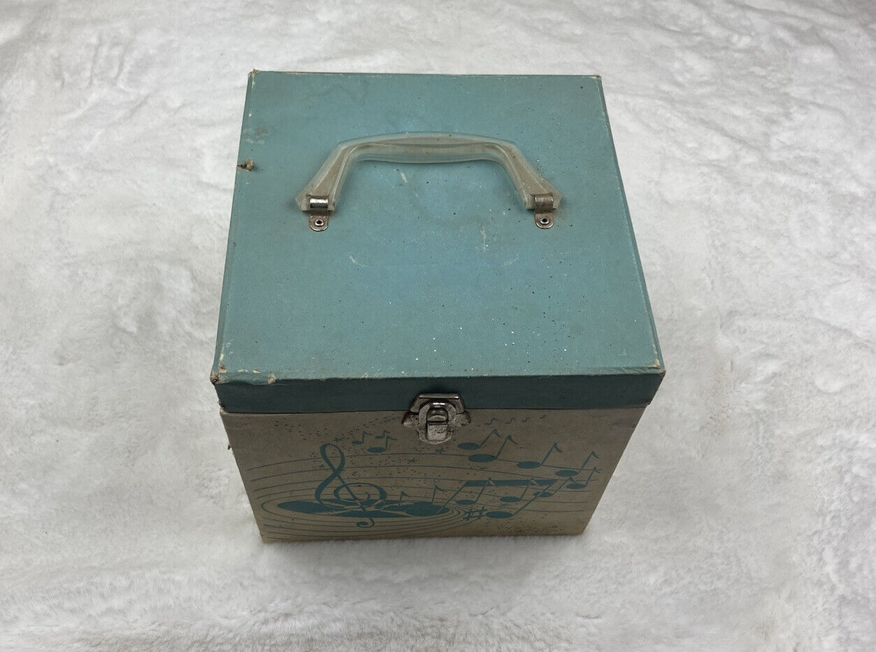 Vintage Turquoise Amfile Platter-Pak 45rpm Portable Record Case Musical Notes