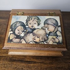 Vintage Wooden Musical Jewelry Box Hummel-Style Children Print Red Felt Interior picture