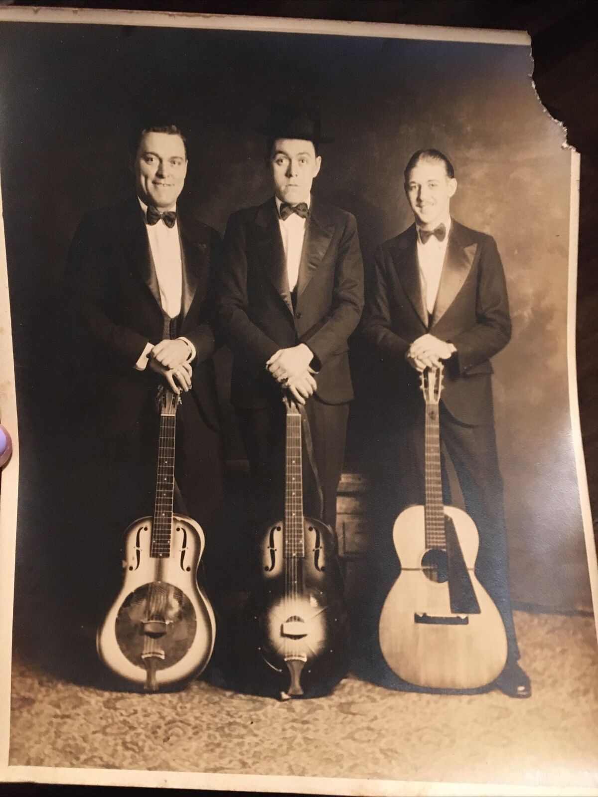 vintage black and white 8x10 photo of three guitar players