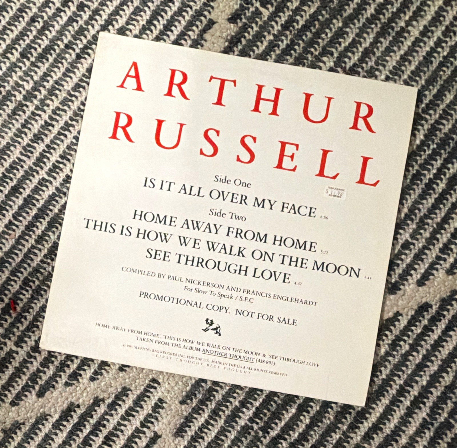 Arthur Russell Is It All Over My Face Sleeping Bag 1986 SBX-27 Promo Vinyl