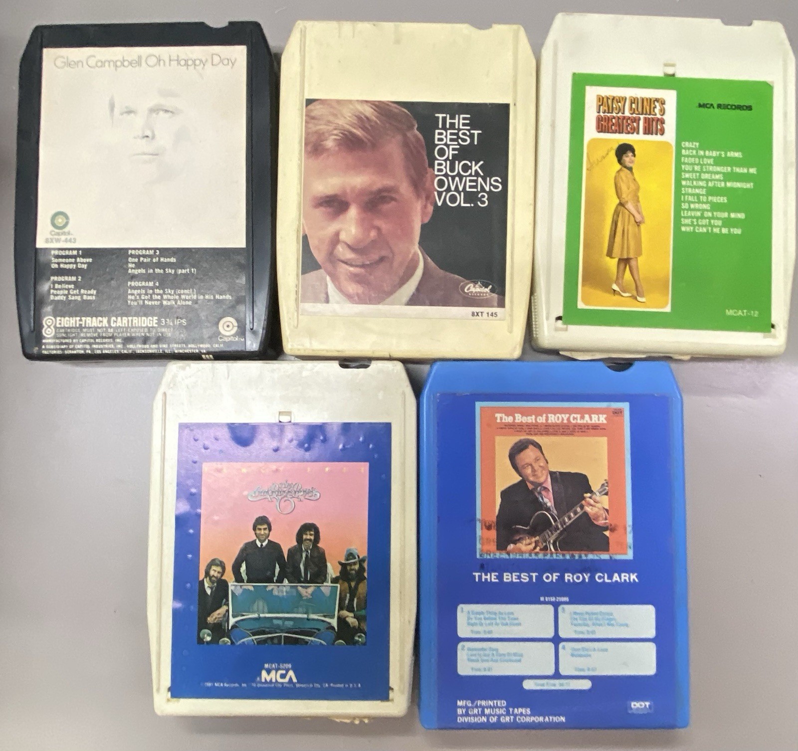 ⁠Lot of 5 Vintage Country 8-Track Tapes - Patsy Cline, Glen Campbell, Roy Clark