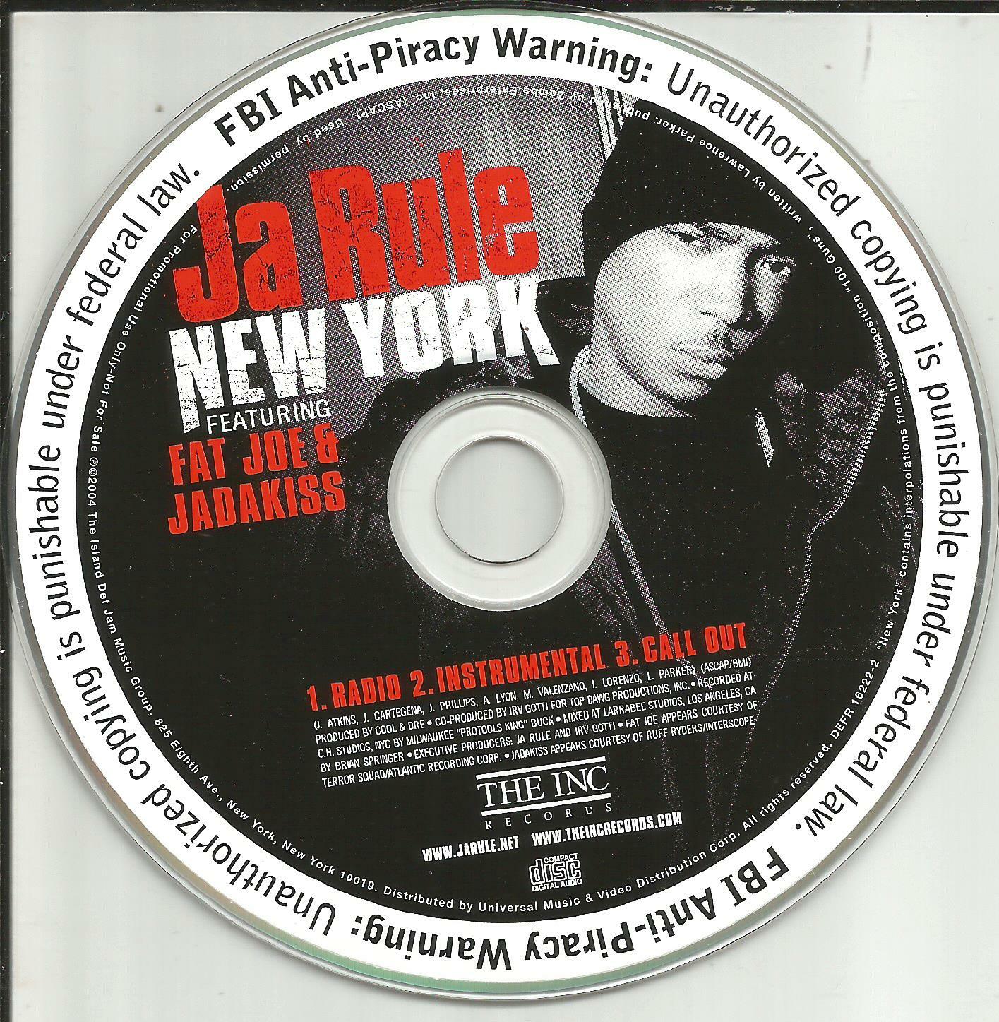 JA RULE w/ FAT JOE & JADAKISS New York w/ RADIO & INSTRUMENTAL PROMO CD Single