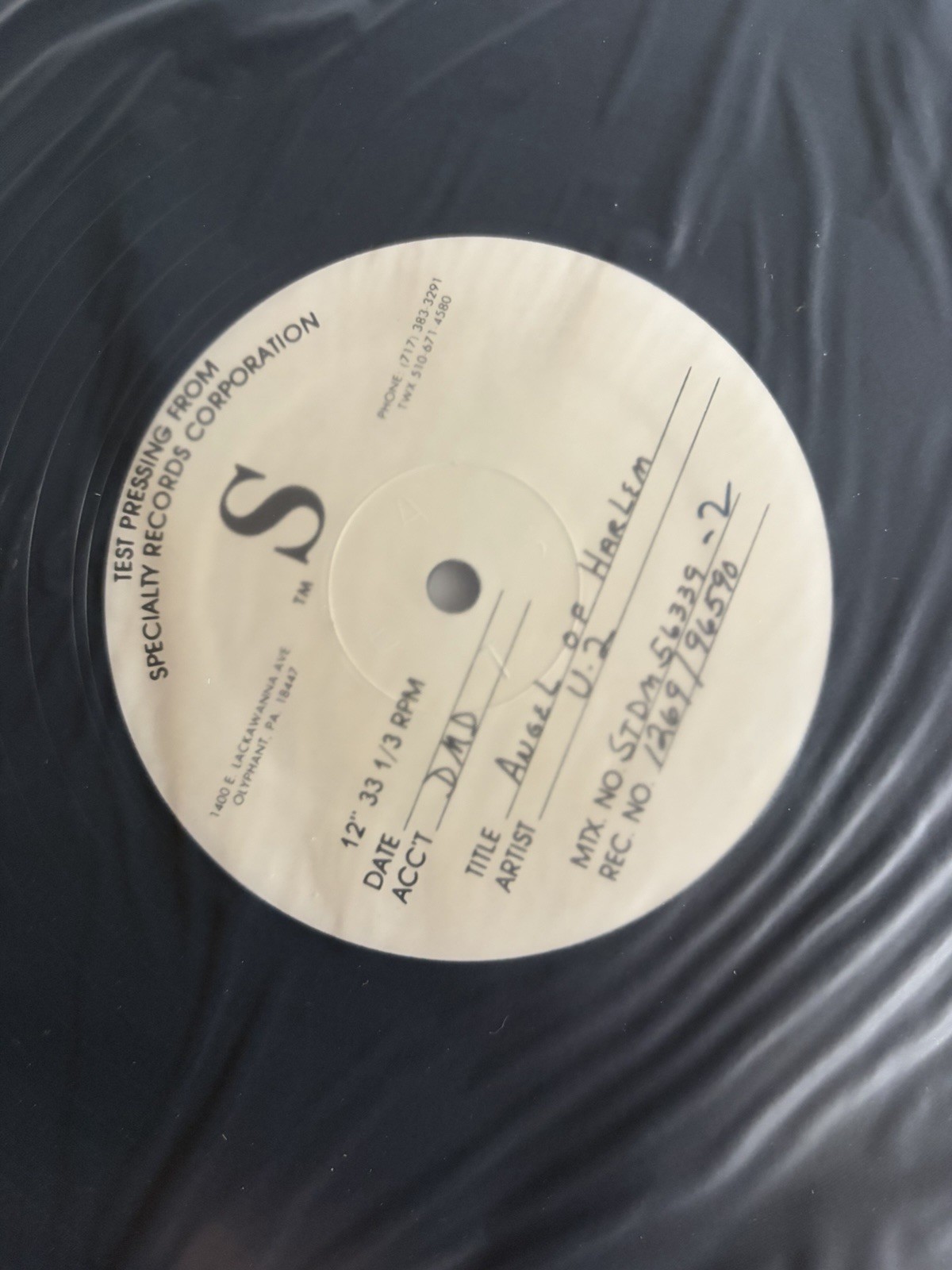 U2 Angel Of Harlem / Heartbreak Hotel 12” Inch Test Press