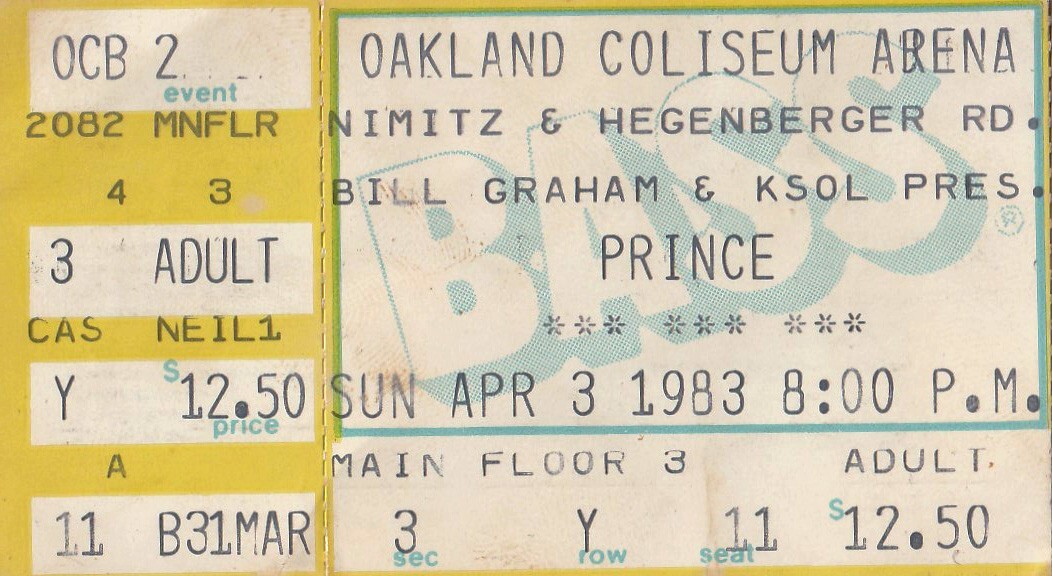 PRINCE TICKET Original 1983 Oakland Coliseum 1999 TOUR 3 Apr + VANITY 6 The TIME