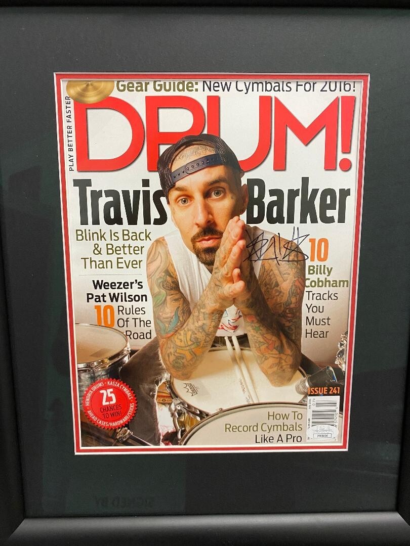 BLINK 182 TRAVIS BARKER SIGNED DRUM MAGAZINE FRAMED