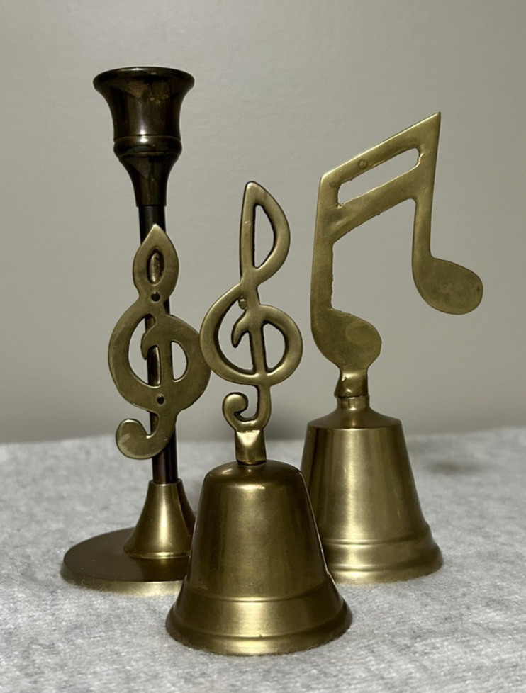 Vintage Brass Music Decor Set - Treble Clef Candlestick & 2 Hand Bells 5\