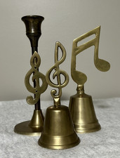 Vintage Brass Music Decor Set - Treble Clef Candlestick & 2 Hand Bells 5
