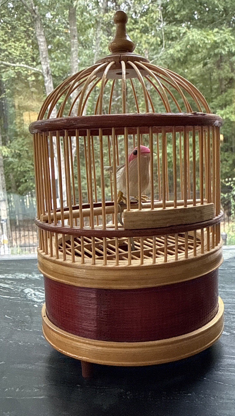 Vintage Mechanical Singing Bird Automaton Bamboo Cage Music Box - WORKING Chirps