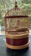 Vintage Mechanical Singing Bird Automaton Bamboo Cage Music Box - WORKING Chirps picture