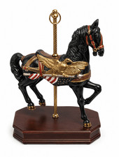 Vintage Carousel White Horse W/American Flag & Eagle Wood Base  11”H Music Box picture