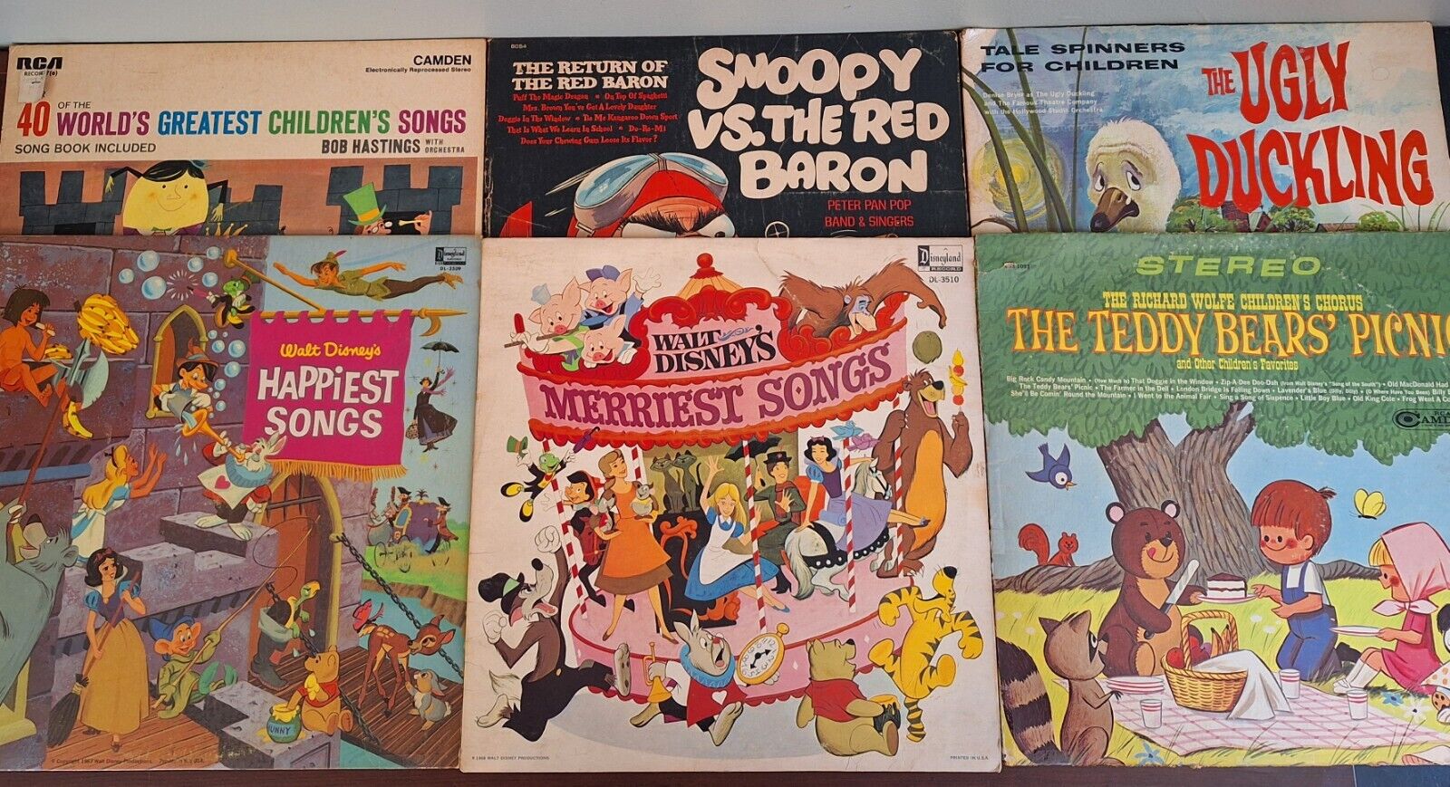 Lot of 6 Vintage Children's Vinyl Records 33 LP Disney RCA Snoopy