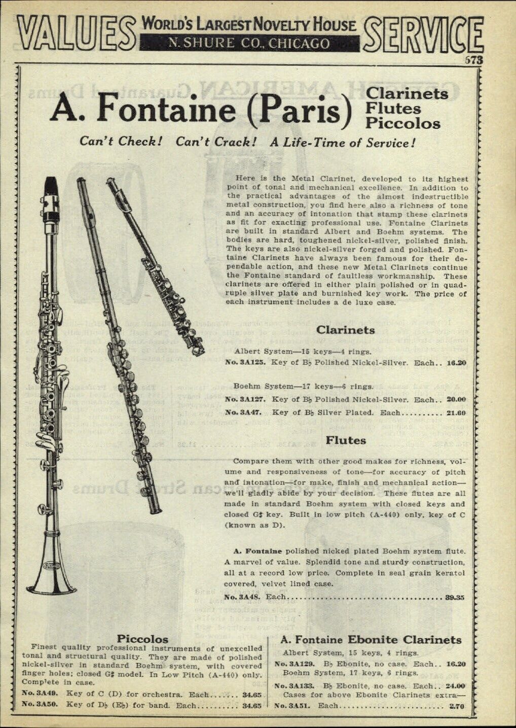 1933 PAPER AD A. Fontaine Paris Clarinet Flute Piccolos Gretsch American Drum