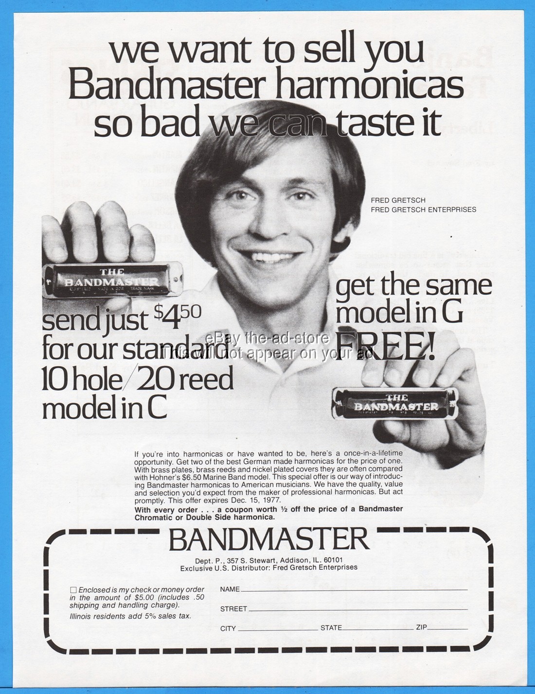 1977 Bandmaster Addison Illinois Harmonica Model C G Fred Gretsch Photo Print Ad