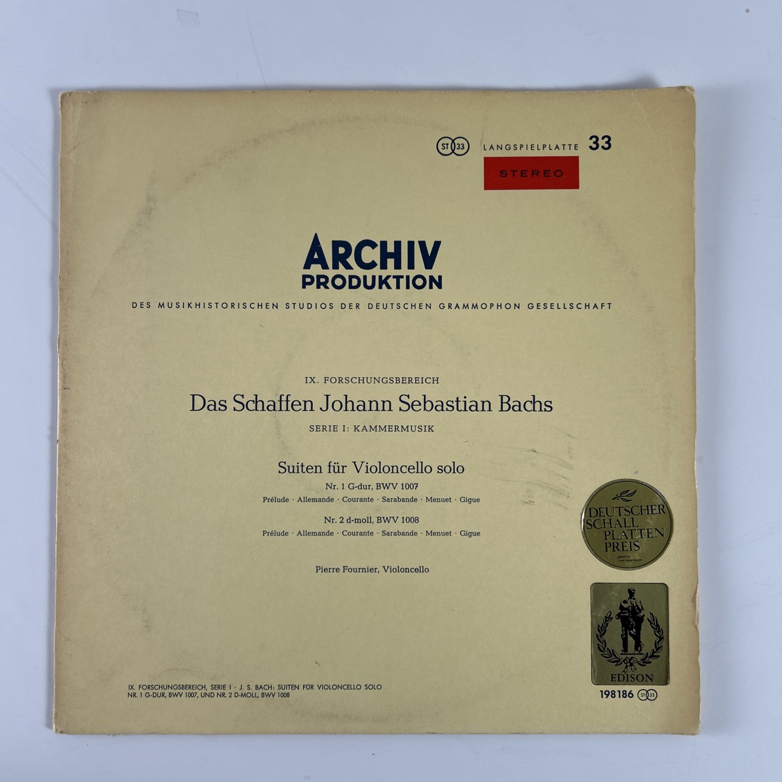 PIERRE FOURNIER - BACH Solo Cello Suites #1 & 2 - ARCHIV RED STEREO ST LP NmM