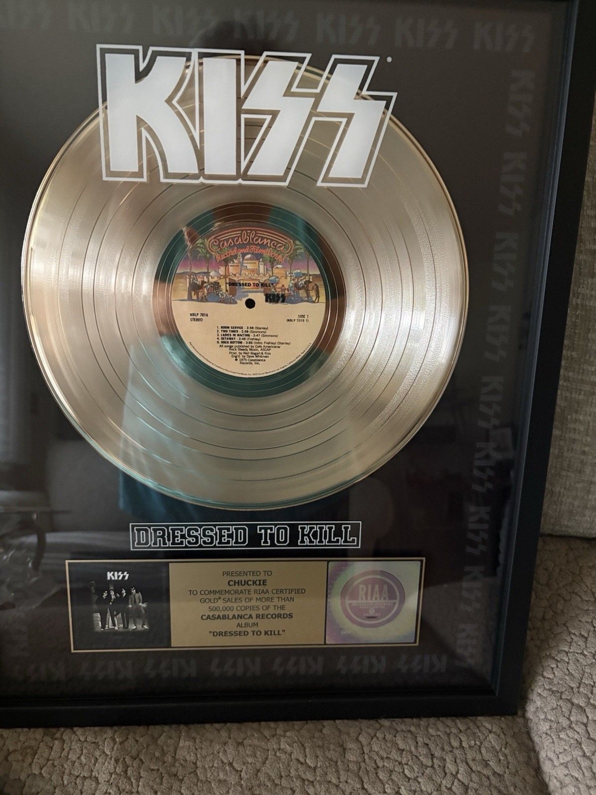 Kiss *Dressed To Kill *RIAA Framed Gold Album Award Progressive Music Awards