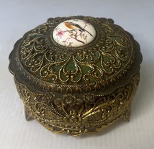 Vintage Sankyo Japan Music Jewelry Box Gold Tone Footed Porcelain Inlay SALE picture