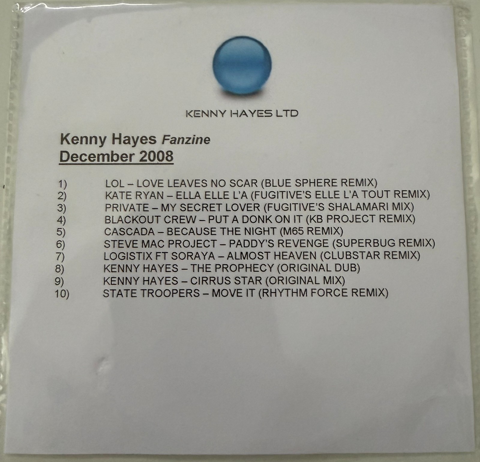 Rare Kenny Hayes Fanzine Promo CD December 2008 AATW Dance Trance DJ CD