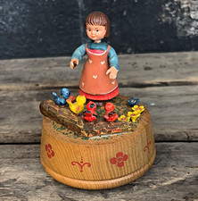 Vintage ANRI Italy Wood Music Box Girl Feeding Birds Teach the World to Sing picture