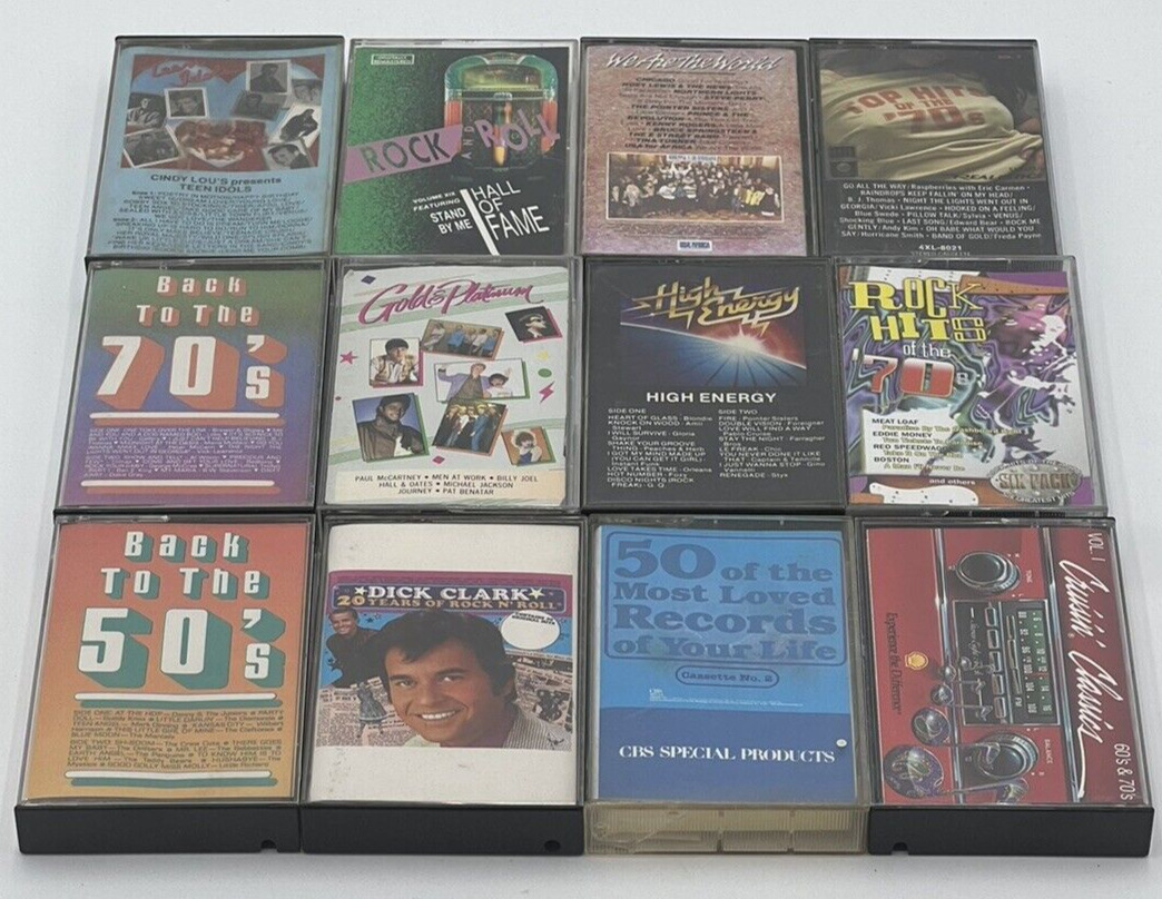 12 Cassette Tape lot Complation Mixes We are the World Dick Clark 50\'s 70\'s 80\'s