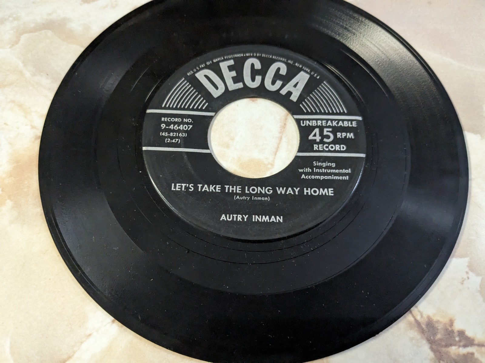 Autry Inman ‎– Let's Take The Long Way Home/I Hope Tomorrow Never Comes 45 Decca
