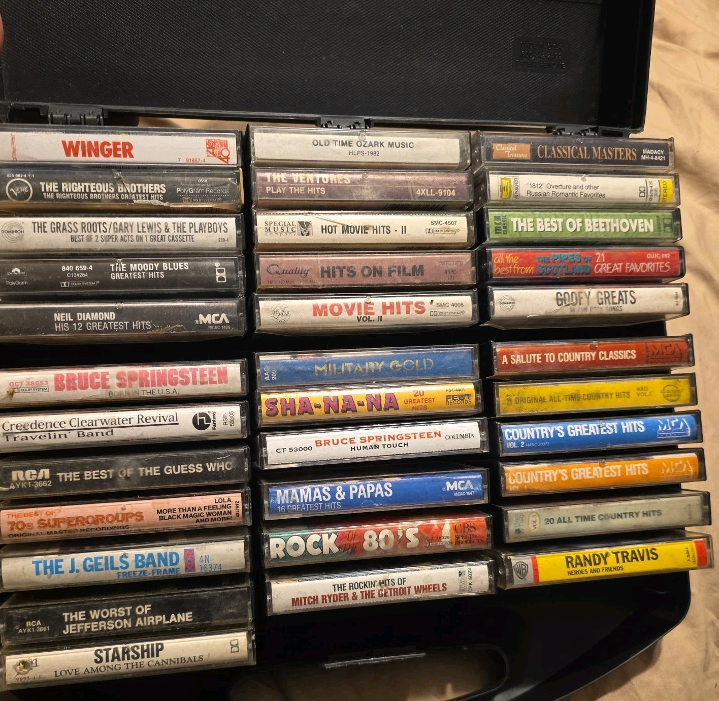 Vintage Cassette Tapes x34 Lot w/ Carrying Case Storage ROCK Country CLASSICAL