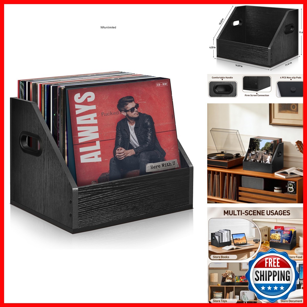 FUSOUBOTY Wooden Vinyl Record Crate Box Holds 60+ Records Black
