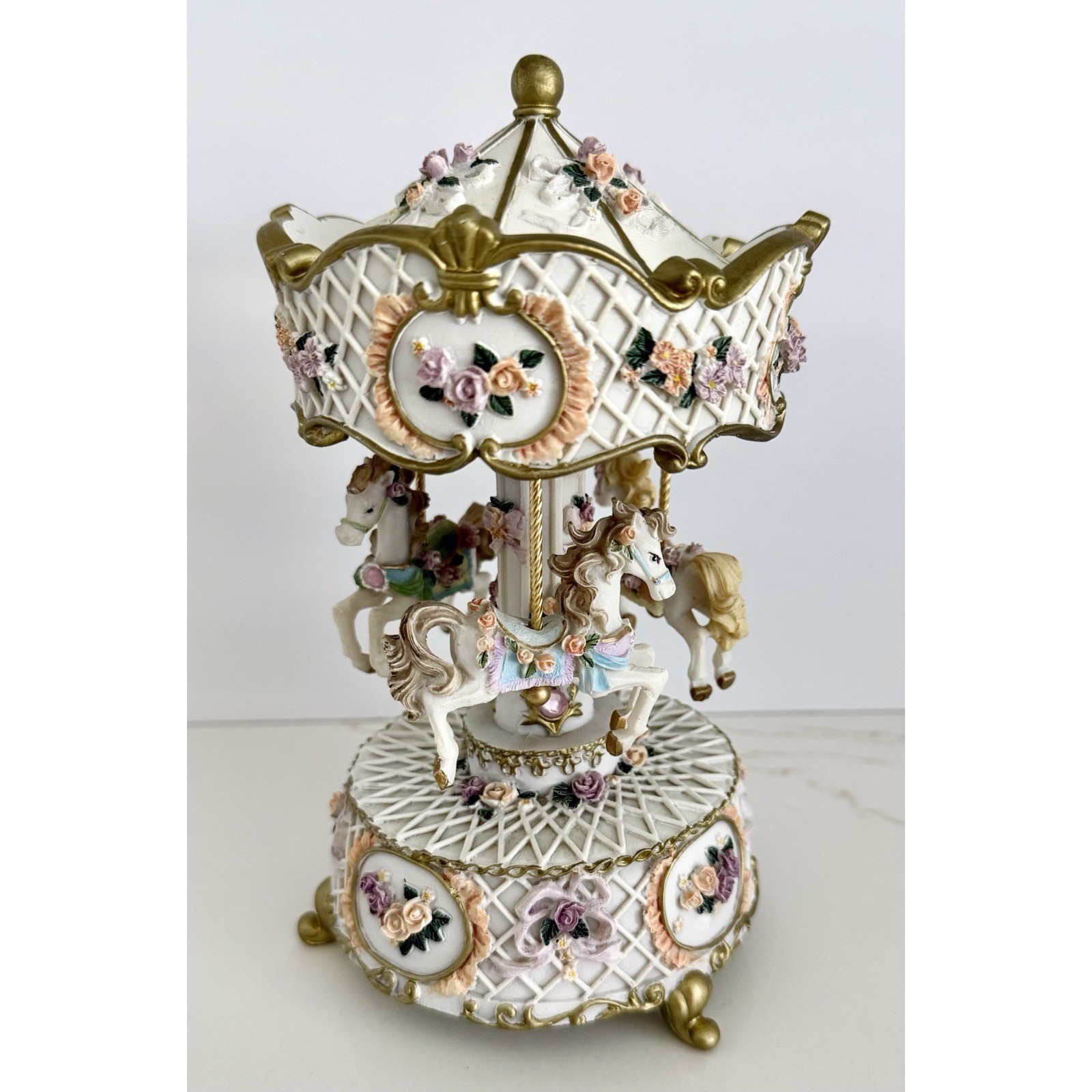 Vintage Musical Carousel Music Box 3 Horses Rotating Pink Roses Gold Tone