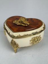 Vintage Heart Music Jewelry Box Japan White Enamel Gold Filigree Amber Lid picture