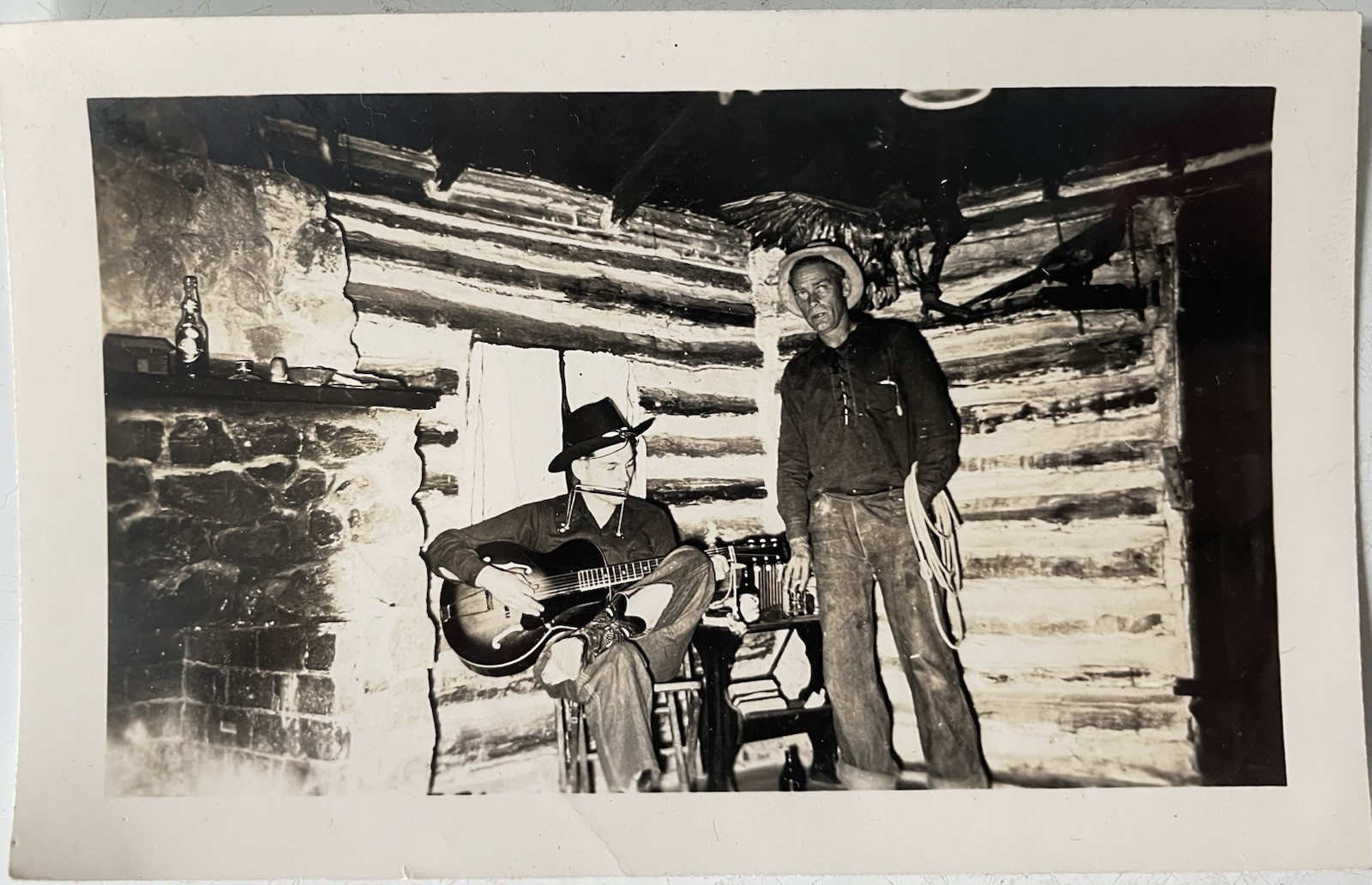 Vintage Photo Cowboy Country Musician Gibson Guitar Harmonica Cabin Rustic 1940s