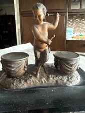 Antique 19thC French Figural Double Inkwell - Satyr / Faun with Timpani Drums picture