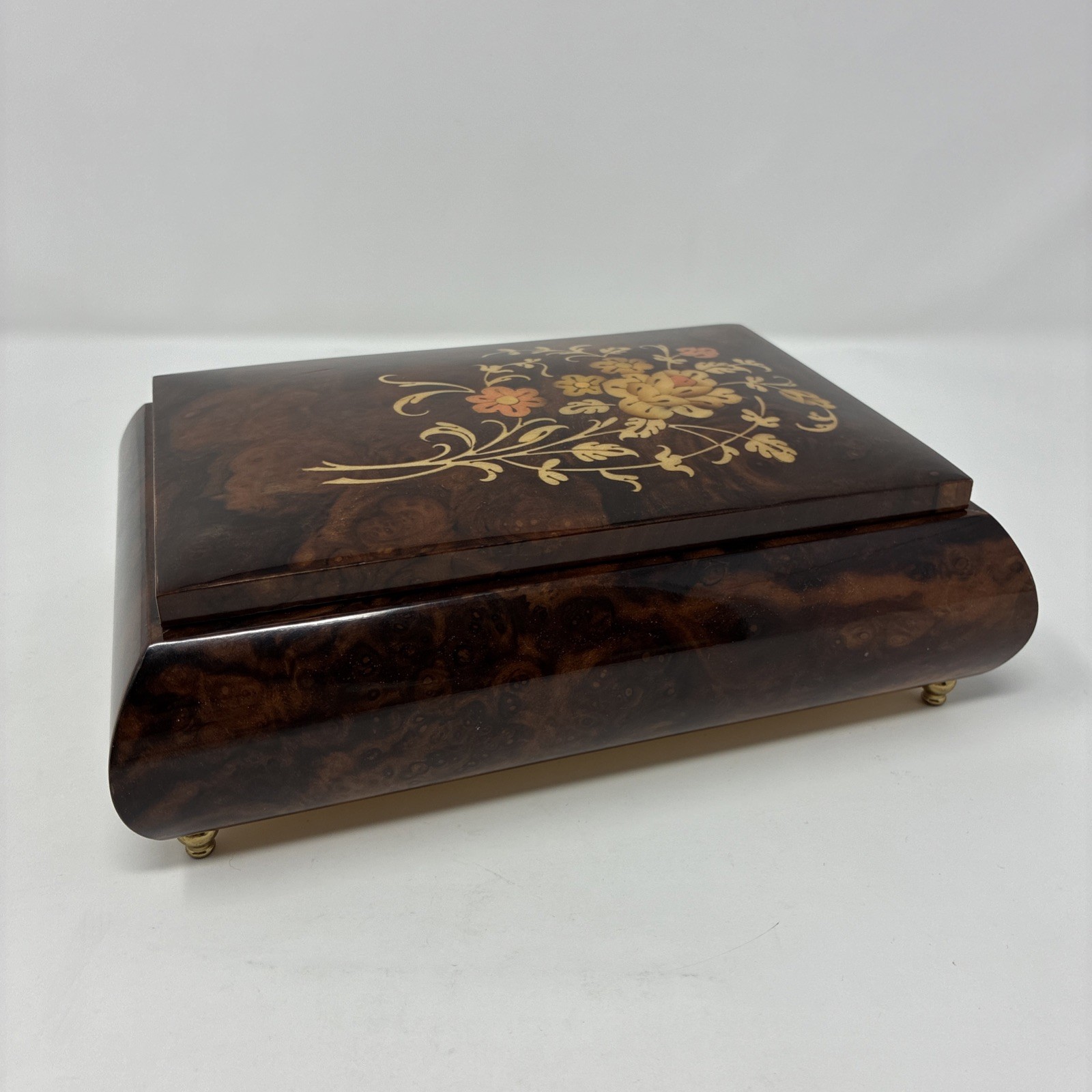 Vintage Italian Sorrento Hand Crafted Flower Design Wood Music Jewelry Box 6”