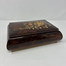 Vintage Italian Sorrento Hand Crafted Flower Design Wood Music Jewelry Box 6” picture