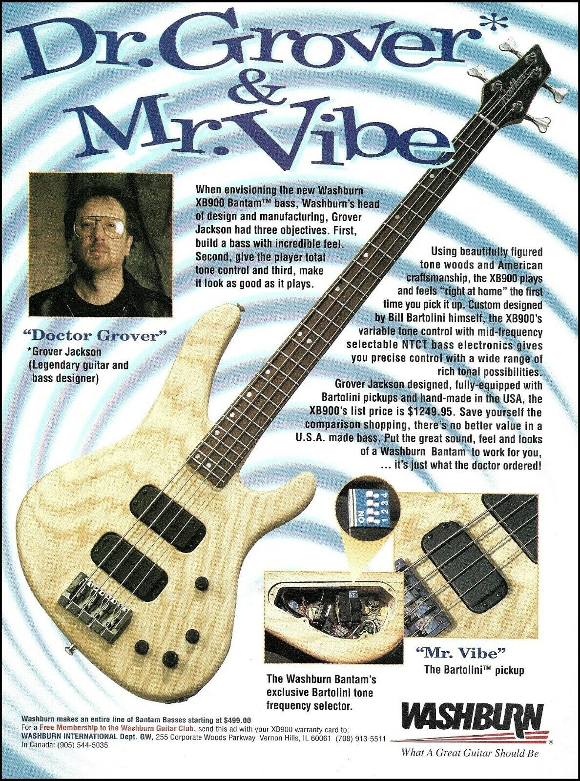 Dr. Grover Jackson 1994 Washburn XB900 bass guitar advertisement 8 x 11 ad print