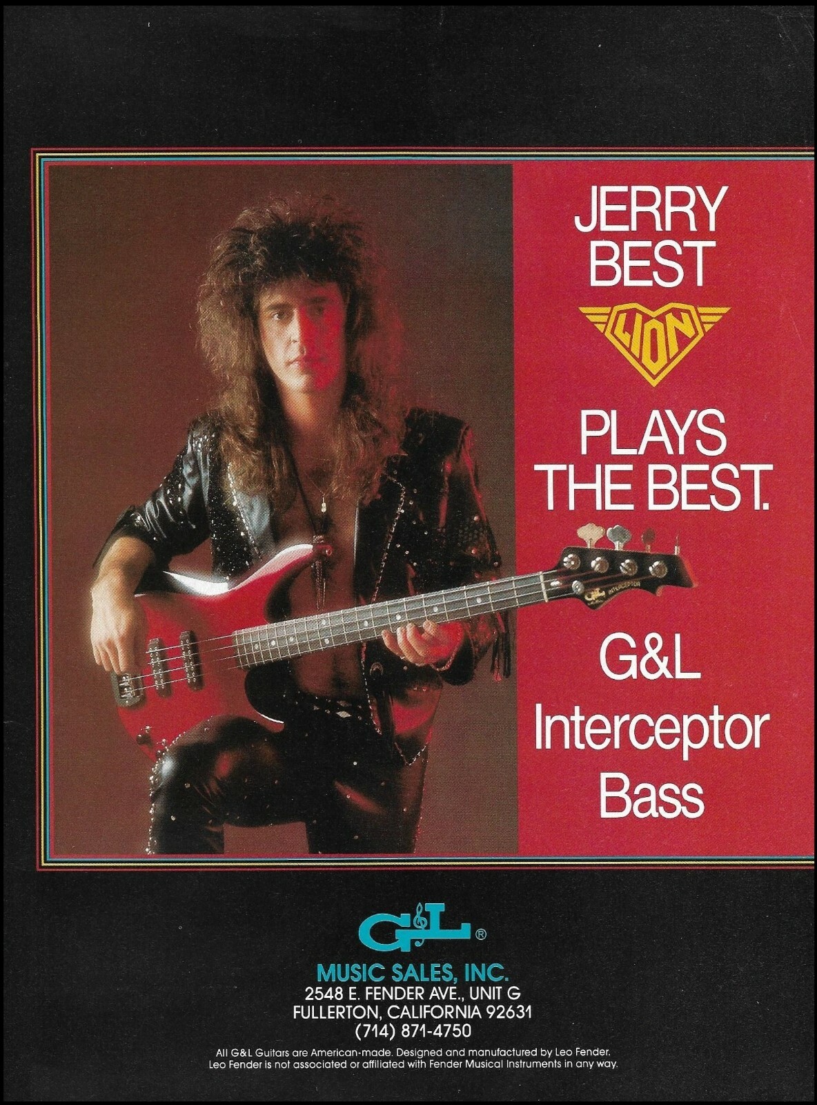 Jerry Best (Lion band) 1988 G&L Interceptor Bass Guitar ad 8 x 11 advertisement
