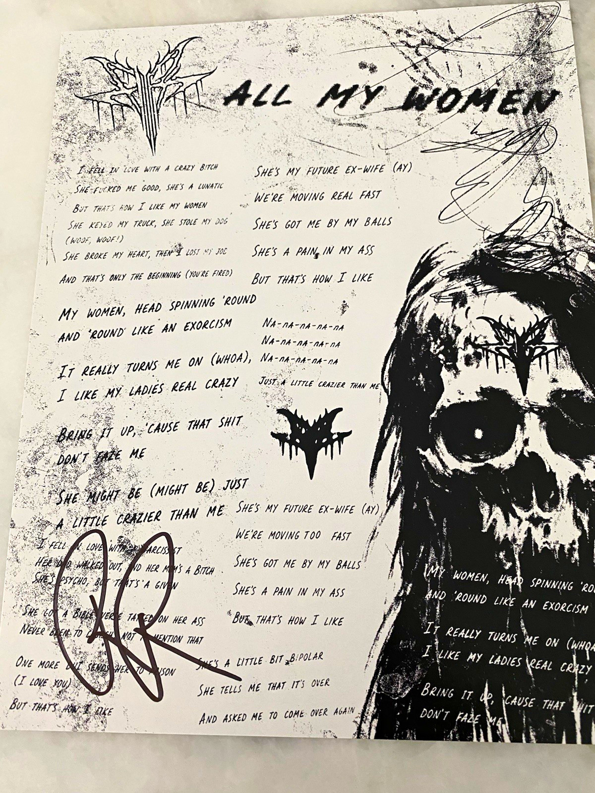 Falling In Reverse “ALL MY WOMEN” lyric sheet SIGNED by Ronnie Radke