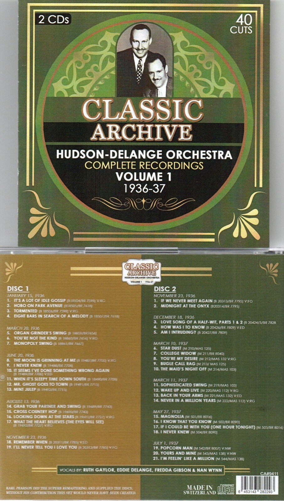 HUDSON-DELANGE ORCHESTRA COMPLETE RECORDINGS, VOL.1 1936-37 2 CD SET NEW IMPORT