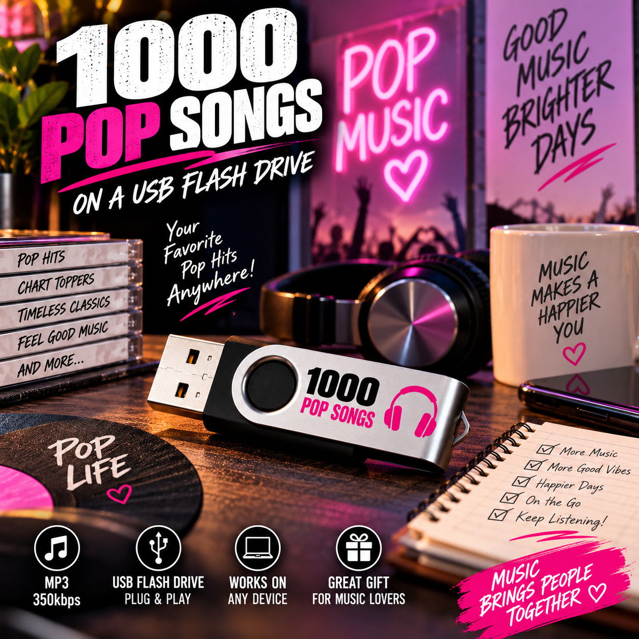 1000 Pop Songs USB Flash Drive MP3 350kbps Pop Music Collection