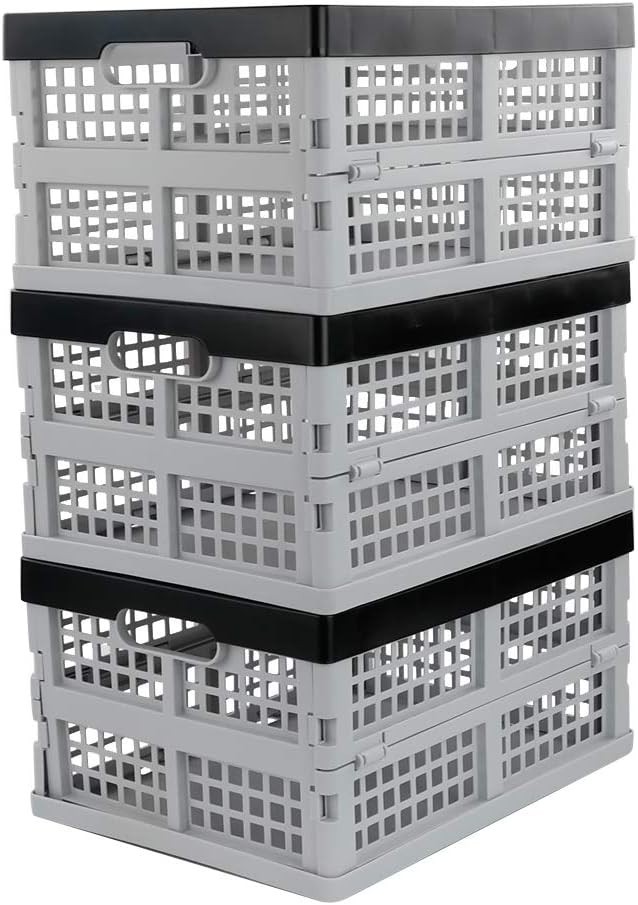 3 Pack 16-Liter Plastic Folding Storage Crates Stackable Collapsible Bins