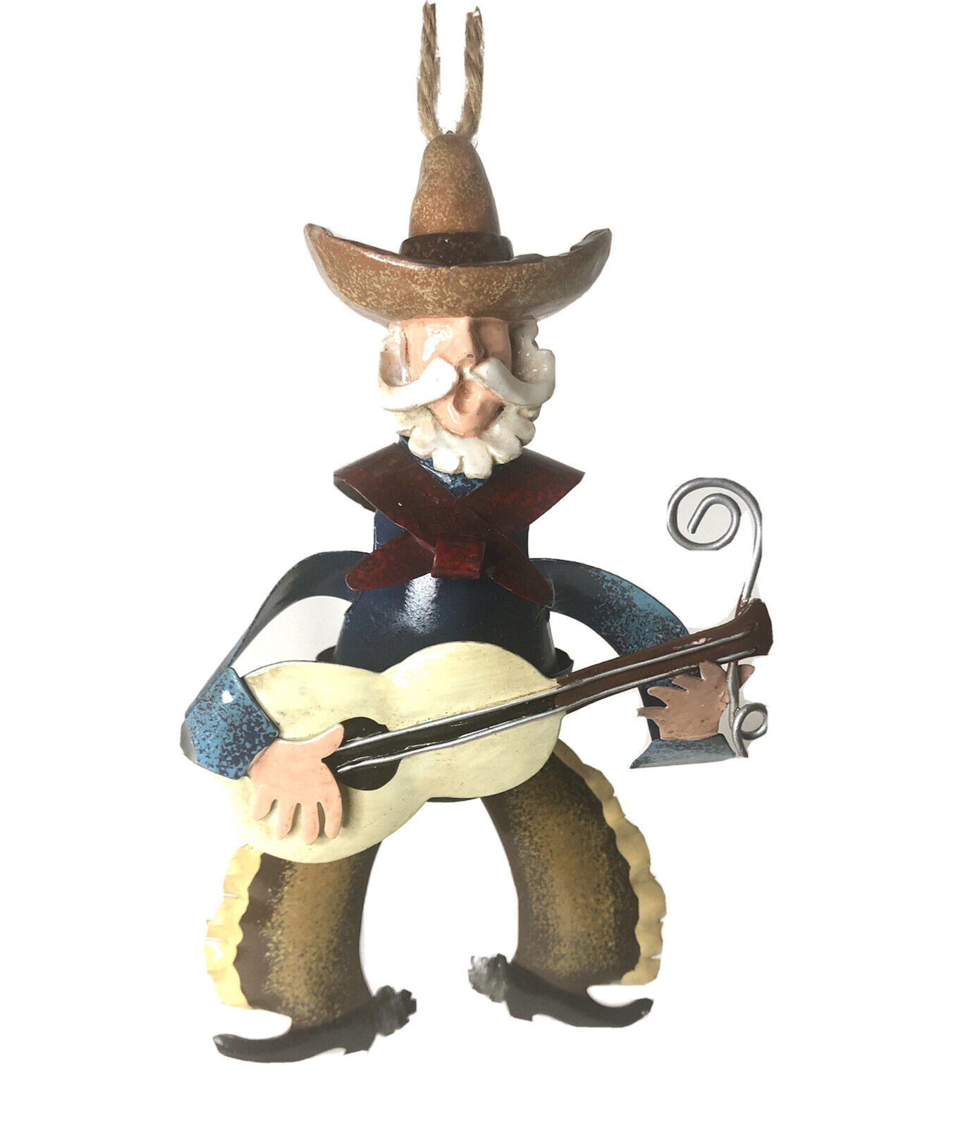 Rustic Tin Metal Singing Cowboy Playing Guitar Marionette Christmas Ornament 