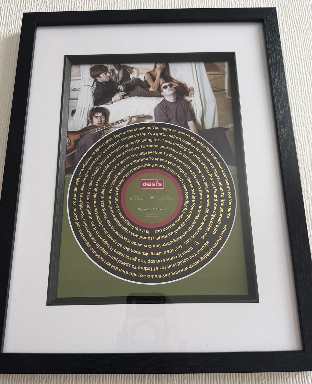 Framed Gold Foiled Print Record Lyrics Wall Art - Oasis Cigarettes & Alcohol 